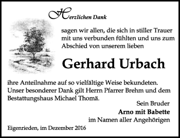 Traueranzeige von Gerhard Urbach von Thüringer Allgemeine, Thüringische Landeszeitung