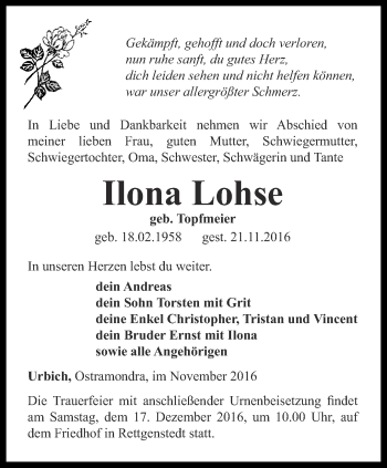 Traueranzeige von Ilona Lohse von Thüringer Allgemeine, Thüringische Landeszeitung