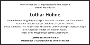 Traueranzeige von Lothar Höhne von Thüringer Allgemeine, Thüringische Landeszeitung