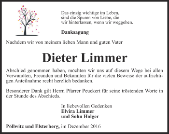 Traueranzeige von Dieter Limmer von Ostthüringer Zeitung