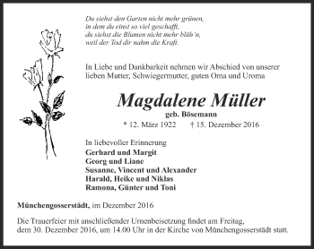 Traueranzeige von Magdalene Müller von Thüringer Allgemeine, Thüringische Landeszeitung