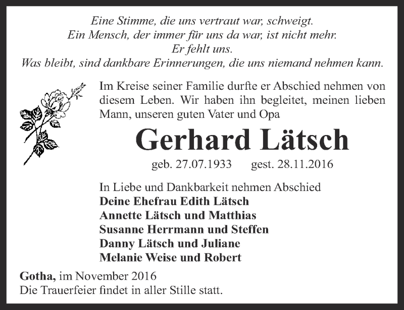 Traueranzeigen von Gerhard Lätsch | trauer-in-thueringen.de