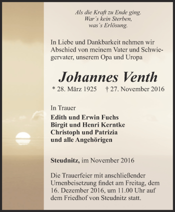 Traueranzeige von Johannes Venth von Ostthüringer Zeitung, Thüringische Landeszeitung