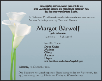 Traueranzeige von Margot Bärwolf von Thüringer Allgemeine, Thüringische Landeszeitung