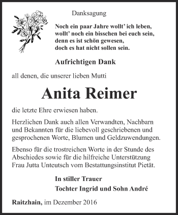 Traueranzeige von Anita Reimer von Ostthüringer Zeitung