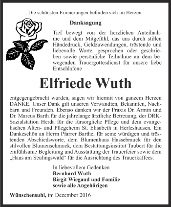 Traueranzeige von Elfriede Wuth von Thüringer Allgemeine, Thüringische Landeszeitung