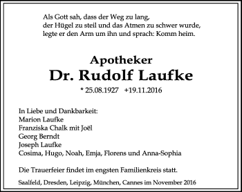 Traueranzeige von Rudolf Laufke von Ostthüringer Zeitung