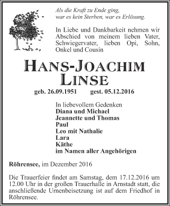 Traueranzeige von Hans-Joachim Linse von Thüringer Allgemeine