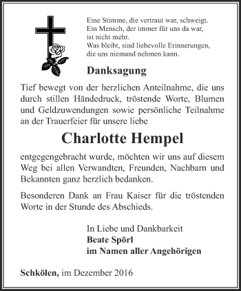 Traueranzeige von Charlotte Hempel von Ostthüringer Zeitung