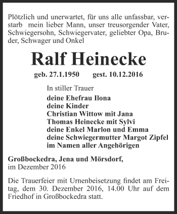 Traueranzeige von Ralf Heinecke von Ostthüringer Zeitung