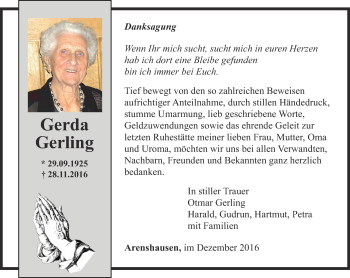 Traueranzeige von Gerda Gerling von Thüringer Allgemeine