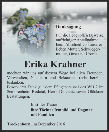 Traueranzeige von Erika Krahner von Ostthüringer Zeitung