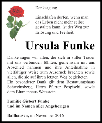 Traueranzeige von Ursula Funke von Thüringer Allgemeine, Thüringische Landeszeitung