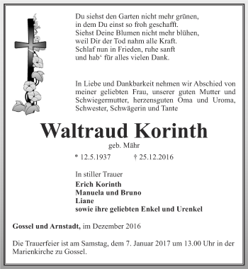 Traueranzeige von Waltraud Korinth von Thüringer Allgemeine