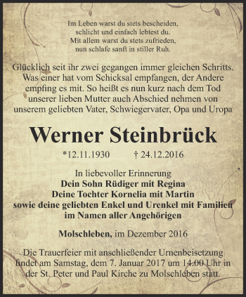 Traueranzeige von Werner Steinbrück von Ostthüringer Zeitung, Thüringische Landeszeitung