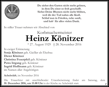 Traueranzeige von Heinz Könitzer  von Thüringer Allgemeine