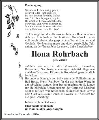 Traueranzeige von Ilona Rohrbach von Ostthüringer Zeitung