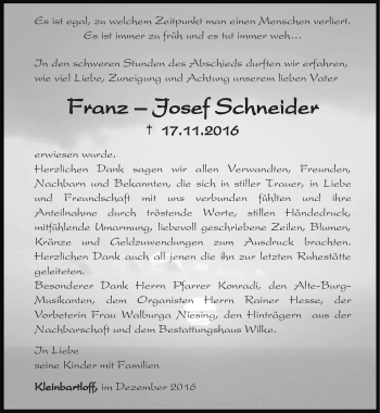 Traueranzeige von Franz-Josef Schneider von Thüringer Allgemeine