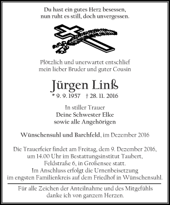 Traueranzeige von Jürgen Linß von Thüringer Allgemeine, Thüringische Landeszeitung