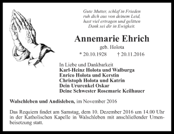 Traueranzeige von Annemarie Ehrich von Thüringer Allgemeine, Thüringische Landeszeitung