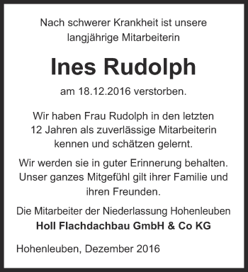 Traueranzeige von Ines Rudolph von Ostthüringer Zeitung