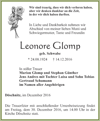Traueranzeige von Leonore Gomp von Ostthüringer Zeitung