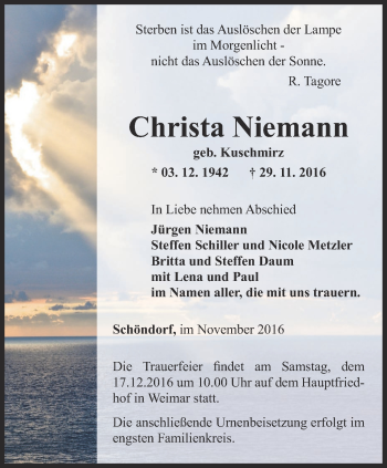 Traueranzeige von Christa Niemann von Thüringer Allgemeine, Thüringische Landeszeitung