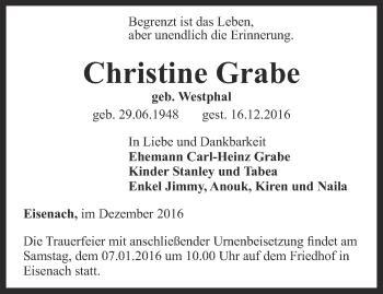Traueranzeige von Christine Grabe von Thüringer Allgemeine, Thüringische Landeszeitung