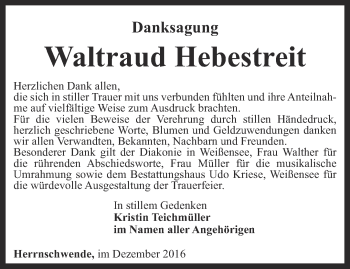 Traueranzeige von Waltraud Hebestreit von Thüringer Allgemeine