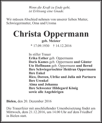 Traueranzeige von Christa Oppermann von Thüringer Allgemeine