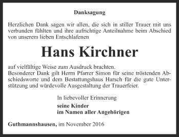 Traueranzeige von Hans Kirchner von Thüringer Allgemeine