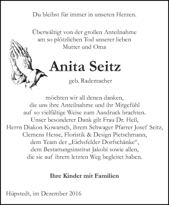 Traueranzeige von Anita Seitz von Thüringer Allgemeine, Thüringische Landeszeitung