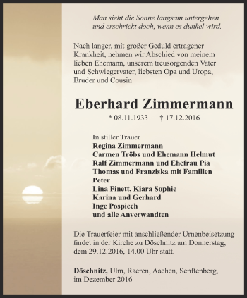 Traueranzeige von Eberhard Zimmermann von Ostthüringer Zeitung