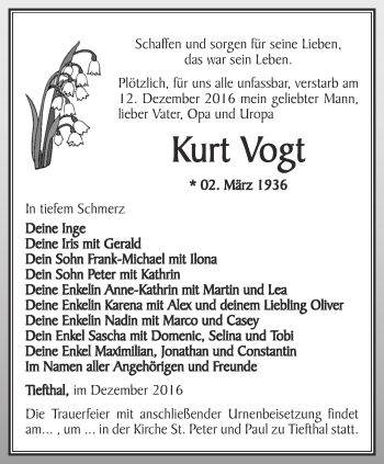 Traueranzeige von Kurt Vogt von Thüringer Allgemeine, Thüringische Landeszeitung