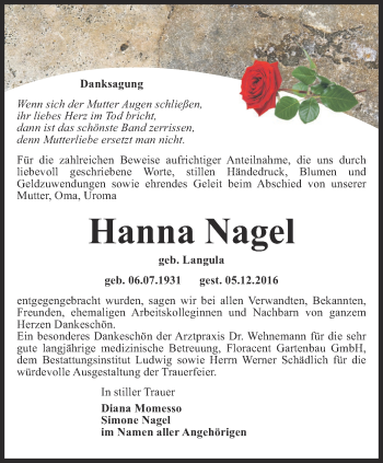 Traueranzeige von Hanna Nagel von Thüringer Allgemeine