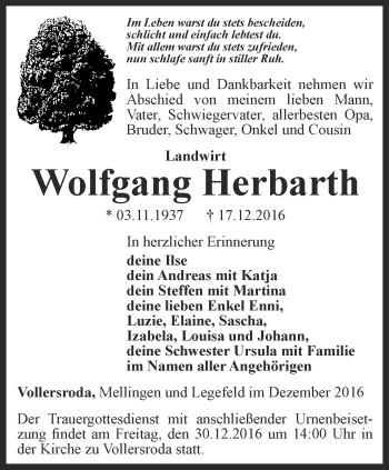 Traueranzeige von Wolfgang Herbarth von Thüringer Allgemeine, Thüringische Landeszeitung