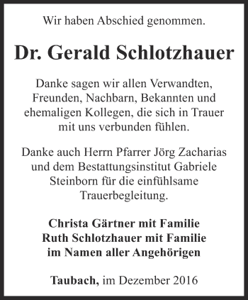 Traueranzeige von Gerald Schlotzhauer von Thüringer Allgemeine, Thüringische Landeszeitung