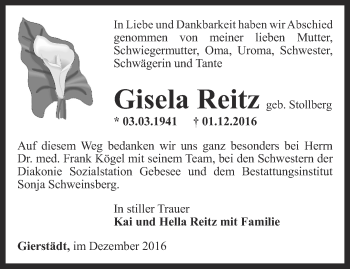 Traueranzeige von Gisela Reitz von Thüringer Allgemeine, Thüringische Landeszeitung