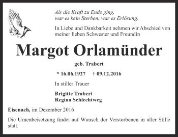 Traueranzeige von Margot Orlamünder von Thüringer Allgemeine, Thüringische Landeszeitung