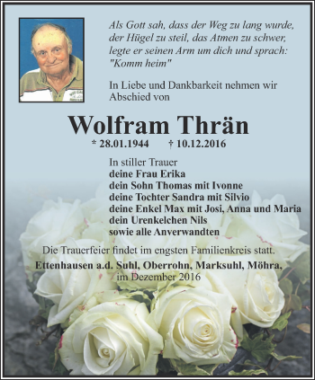 Traueranzeige von Wolfram Thrän von Thüringer Allgemeine, Thüringische Landeszeitung