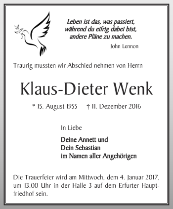 Traueranzeige von Klaus-Dieter Wenk von Thüringer Allgemeine, Thüringische Landeszeitung