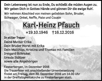 Traueranzeige von Karl-Heinz Pfauch von Ostthüringer Zeitung, Thüringische Landeszeitung