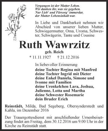 Traueranzeige von Ruth Wawrzitz von Ostthüringer Zeitung, Thüringische Landeszeitung