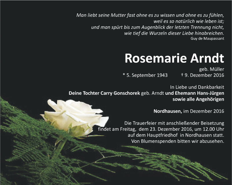  Traueranzeige für Rosemarie Arndt vom 17.12.2016 aus Thüringer Allgemeine