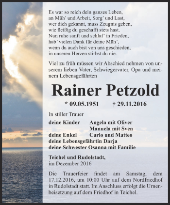 Traueranzeige von Rainer Petzold von Ostthüringer Zeitung