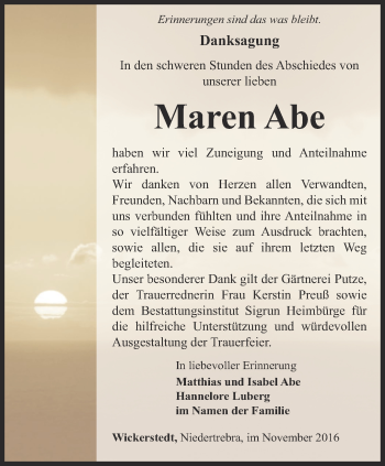 Traueranzeige von Maren Abe von Thüringer Allgemeine, Thüringische Landeszeitung