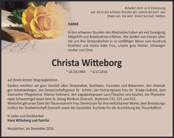 Traueranzeige von Christa Witteborg von Thüringer Allgemeine, Thüringische Landeszeitung