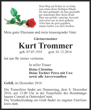 Traueranzeige von Kurt Trommer von Ostthüringer Zeitung
