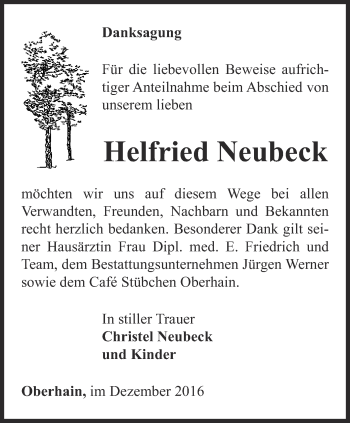 Traueranzeige von Helfried Neubeck von Ostthüringer Zeitung