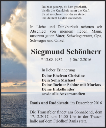 Traueranzeige von Siegmund Schönherr von Ostthüringer Zeitung